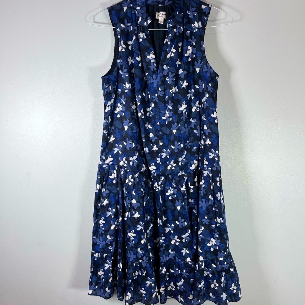 Hudson North Women’s 100% Linen Blue Floral Sleeveless MIDI Dress Size Medium